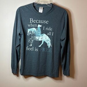 Gildan Women's Long Sleeve Horse Graphic Tee - Charcoal Blue